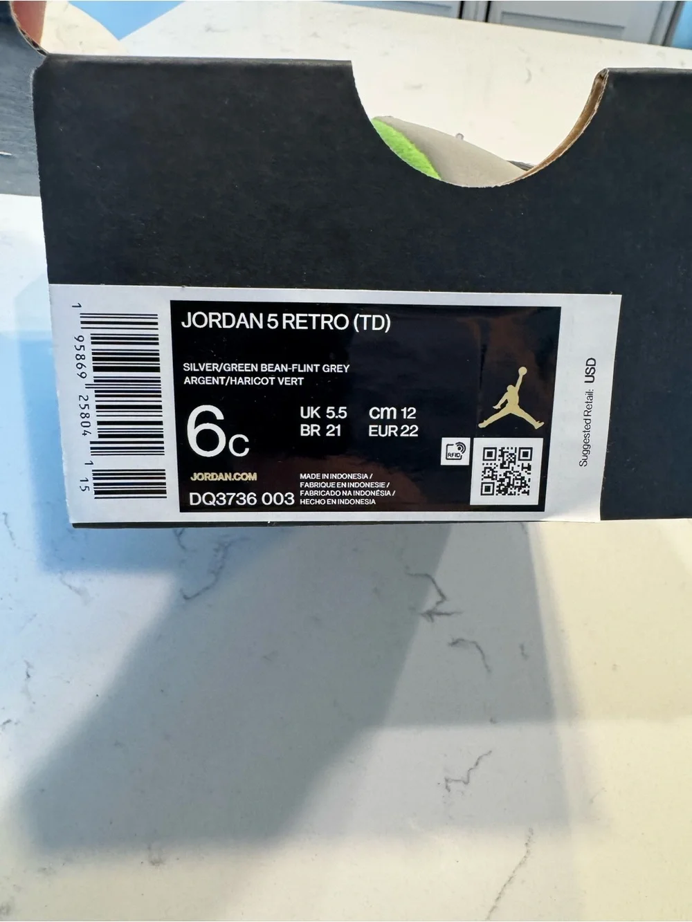 Jordan 5 Retro TD Silver Green Grey Baby Sneaker DQ3736-003 size 6C